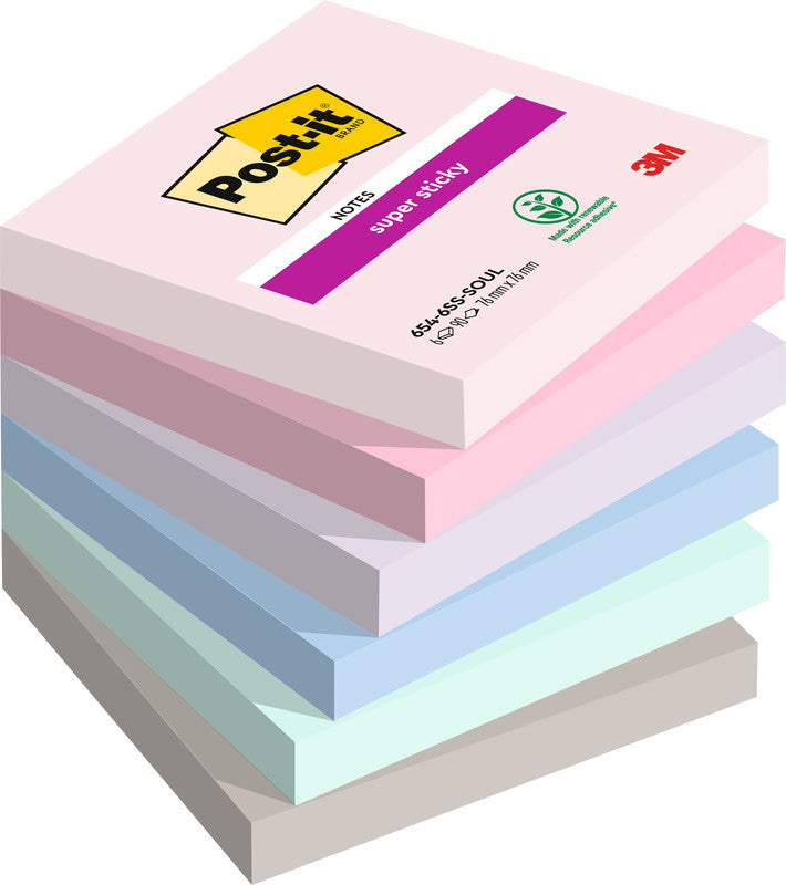 Post-it Haftnotizen Super Sticky – 76×76 mm – sortiert, 6×90 Blatt, PEFC