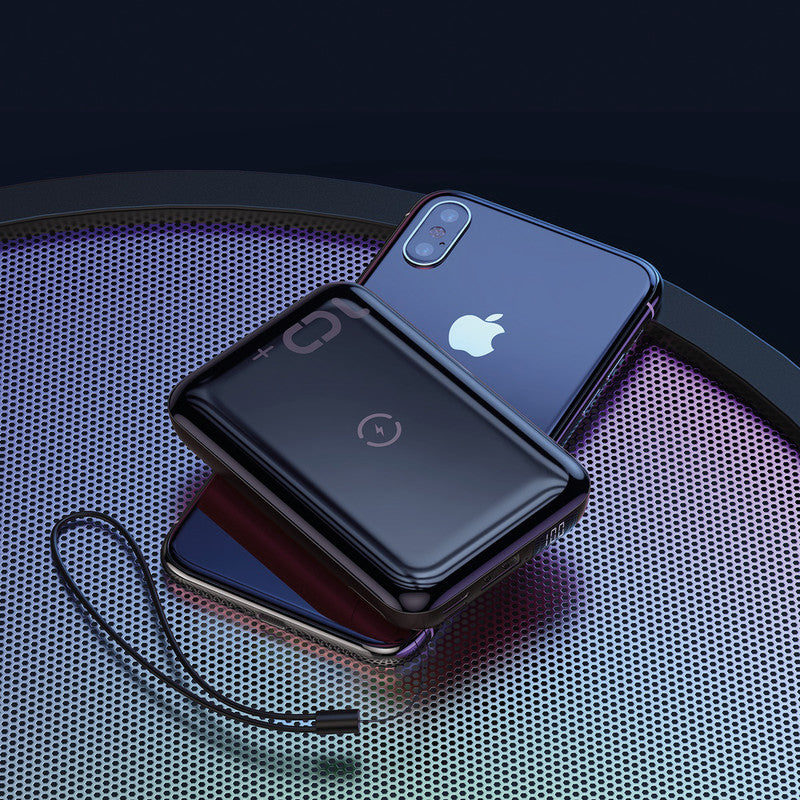 Baseus Powerbank 10000 mAh, 1× USB-C, 1× USB-A, kabelloses Laden, für Smartphones, Tablets, schwarz