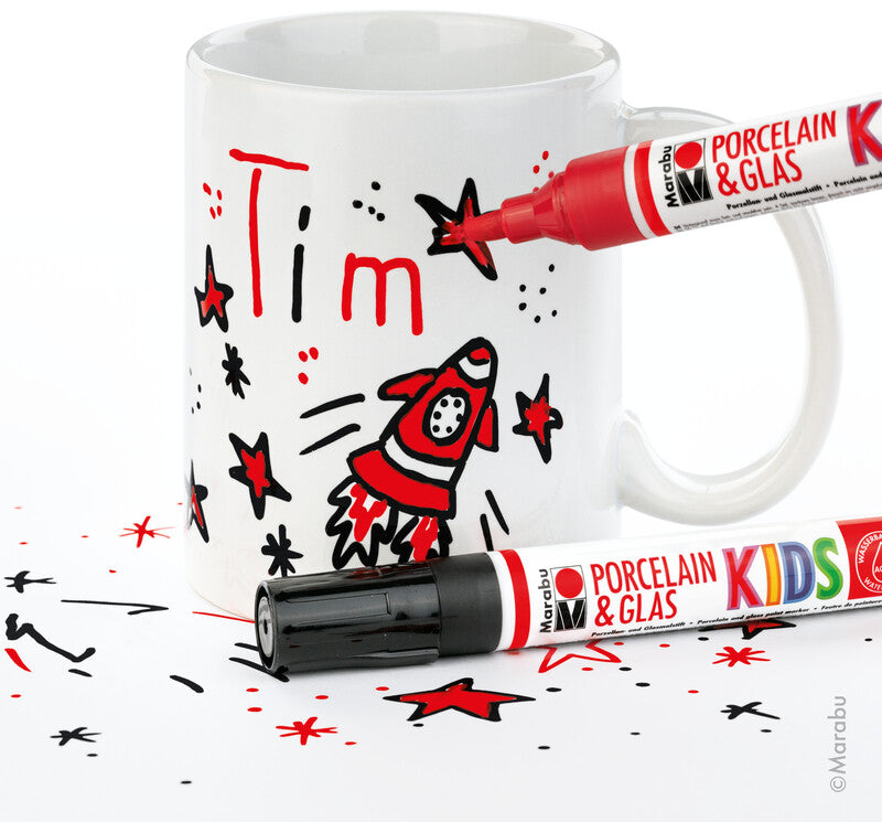 Marabu KiDS – Tassen-Malset – Porzellan- und Glasmalstifte 1–3 mm – 8 × 8 × 9,5 cm – 1 Tasse, 2 Stifte