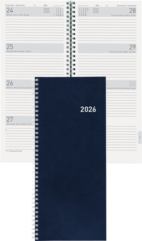 Biella Agenda – 1 Woche/2 Seiten, Spiralbindung, 13,5 × 31,5 cm, Jan–Dez, 2026, Dunkelblau, FSC