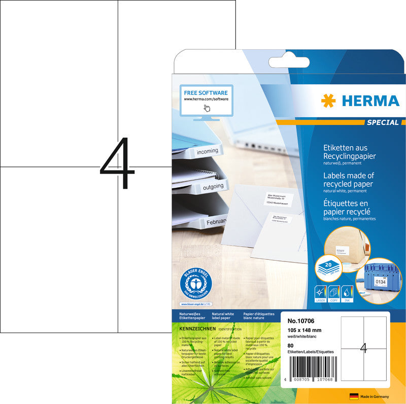 HERMA Etiketten auf Bögen, 105 mm × 148 mm, naturweiss, Altpapier, permanent, 20 Blatt (80 Etiketten)