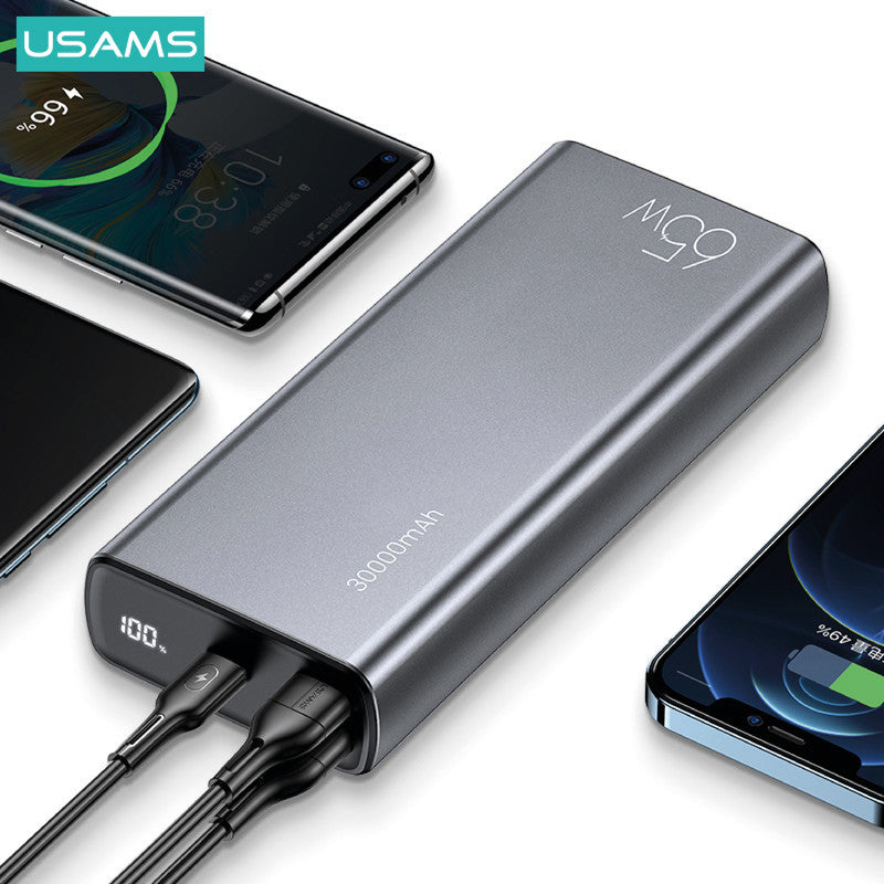Usams Powerbank 30000 mAh, PD 65 W, 2× USB-A, 1× USB-C, für Smartphones, Tablets, Notebooks, Grau