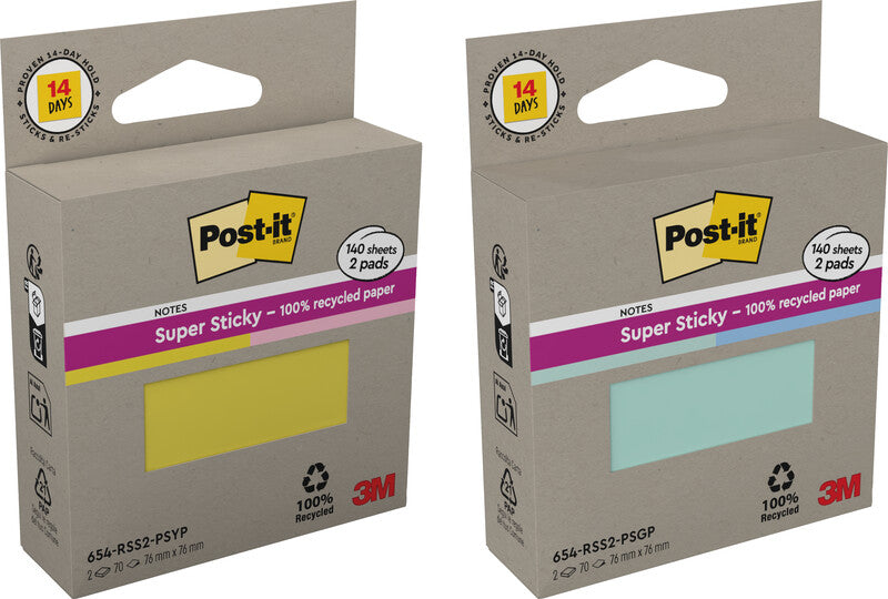 Post-it Super Sticky Haftnotizen – 76×76 mm – sortiert (gelb, rosa), 2×70 Blatt