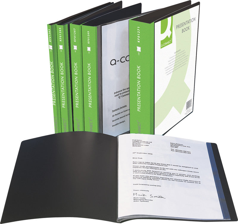 Q-CONNECT Sichtbuch – 10 Sichttaschen, A4, mit Fronttasche, genarbt, antireflex, schwarz, Kunststoff, 38 µm
