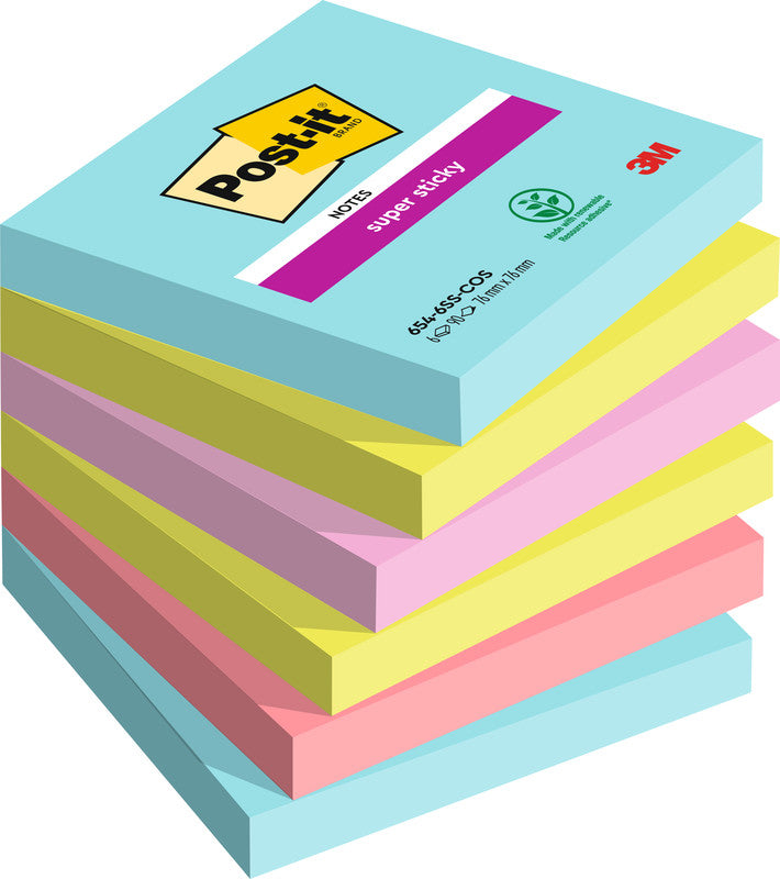 Post-it Super Sticky Haftnotizen – 76×76 mm – sortiert, 6×90 Blatt, PEFC