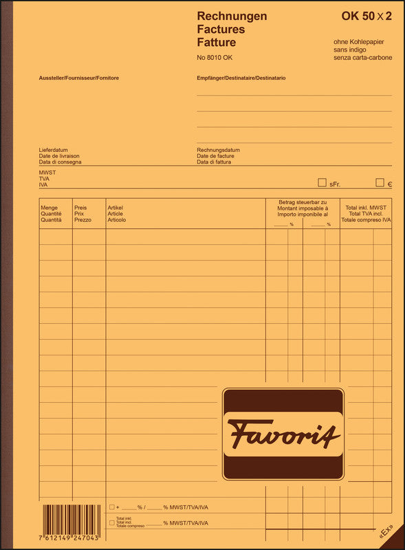 Favorit Formularblock – Rechnungen, mehrsprachig, 50 Blatt, A4