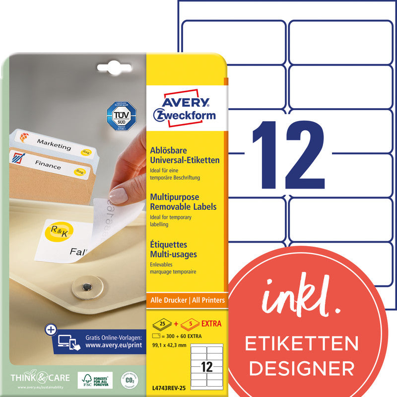 Avery Bogenetiketten, 99,1 mm × 42,3 mm, weiss, Papier, wiederablösbar, 30 Blätter (360 Etiketten)