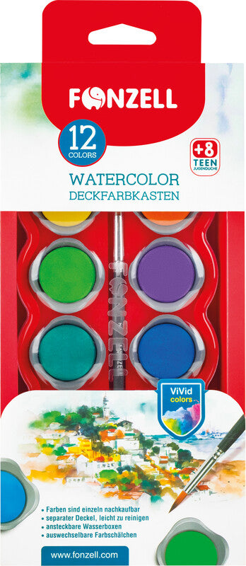 Fonzell Deckfarbkasten – 12 Farben, sortiert, mit Pinsel