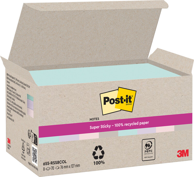 Post-it Haftnotizen Super Sticky – 127×76 mm – sortiert, 8×70 Blatt, PEFC