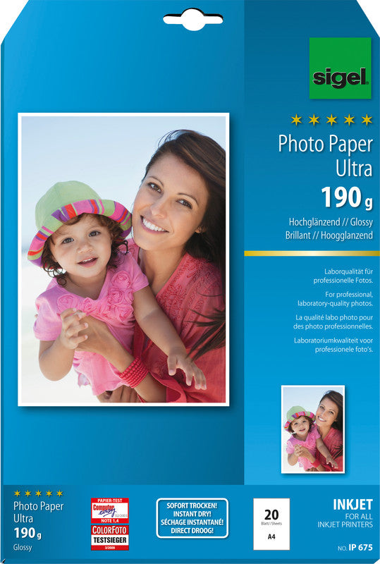 Sigel Fotopapier – hochglänzend, A4, 190 g/m², 20 Blatt – für Tintenstrahldrucker