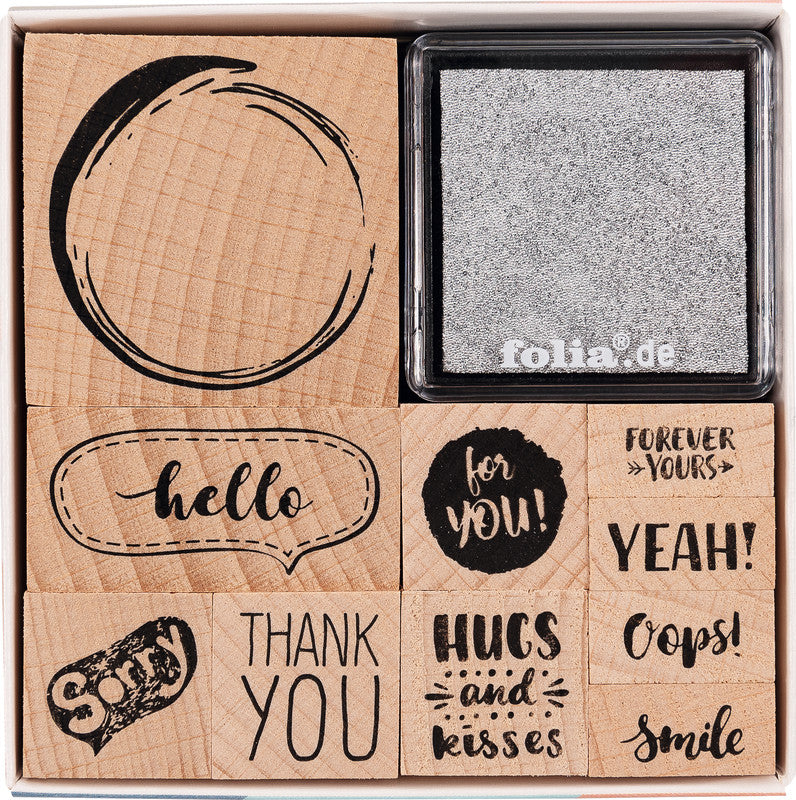 Folia Motivstempel-Set – Lettering, 12 Teile, Kissen sortiert