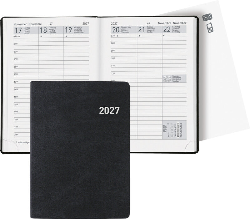 Biella Rex Agenda – 1 Woche/2 Seiten, gebunden, 10,1 × 14,2 cm, 2027, schwarz, FSC
