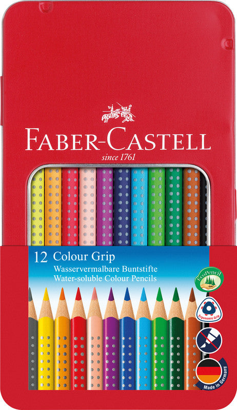 Faber-Castell Aquarellfarbstifte Colour Grip 2001 – 12 Farben, im Metalletui, Ø 3 mm, dreikantig, FSC