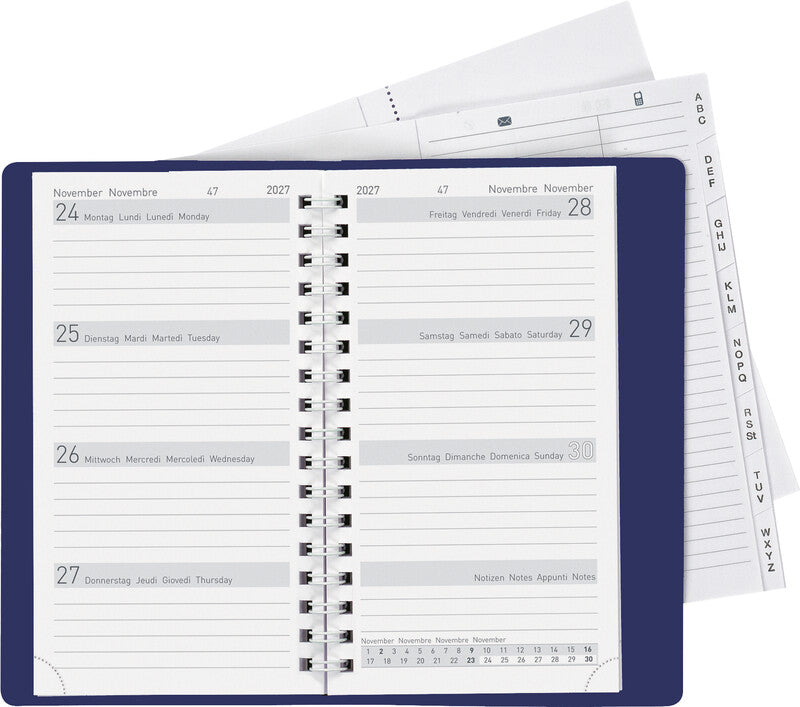 Biella Brüssel Agenda – 1 Woche/2 Seiten, Spiralbindung, 8,5 × 15,3 cm, Jan–Dez 2026, Dunkelblau, FSC