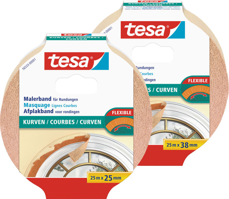 tesa Krepp-Abdeckband – 25 mm × 25 m, beige, für Innenbereich, Kurven, glatte/raue Oberflächen
