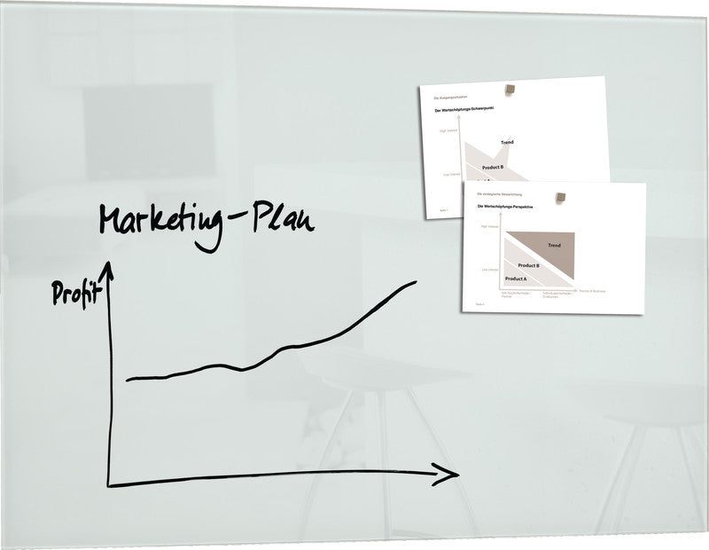 Sigel Whiteboard – 120 × 90 cm, Glas, magnetisch, Wandmontage, inkl. SuperDym-Magnetwürfel, Montagesatz