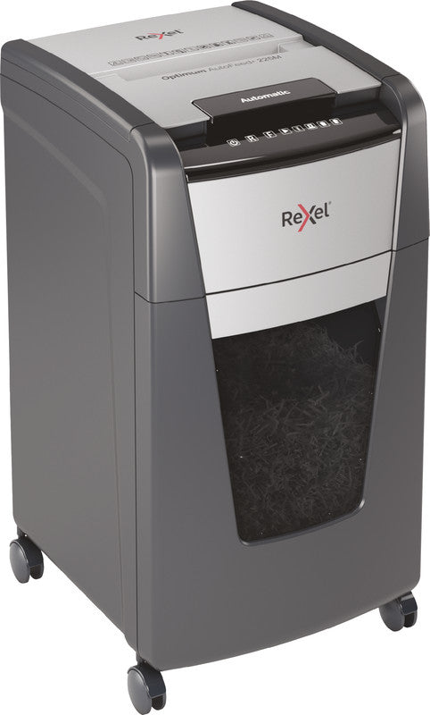 Rexel Optimum AutoFeed+ 225M – Aktenvernichter mit Autofeed 225 Blatt, DIN P-5, Mikroschnitt 2 × 15 mm, 60 l