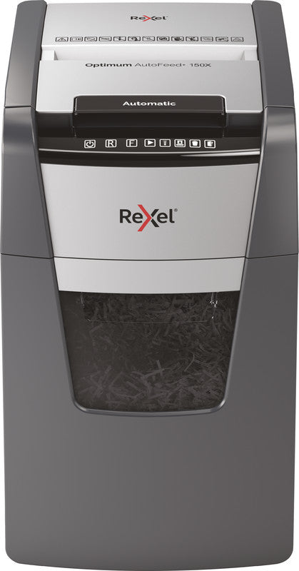 Rexel Optimum AutoFeed+ 150X – Aktenvernichter mit Autofeed 150 Blatt, DIN P-4, Partikelschnitt 4 × 28 mm, 44