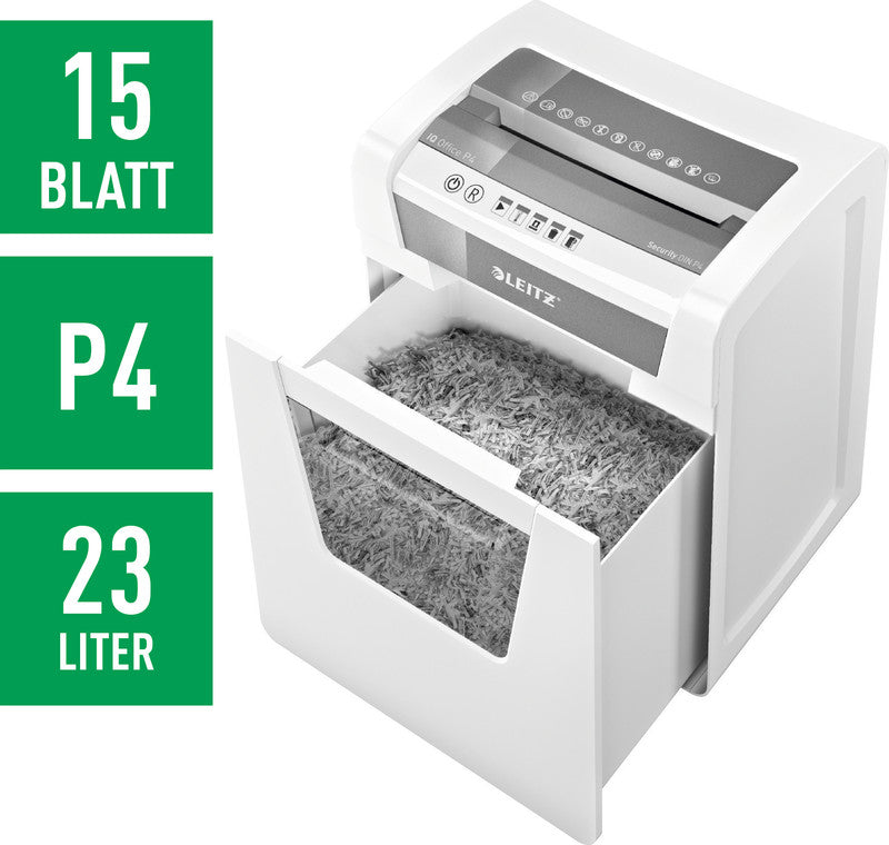 Leitz IQ Office – Aktenvernichter, DIN P-4, Partikelschnitt 4 × 40 mm, 15 Blatt, 23 l, A4