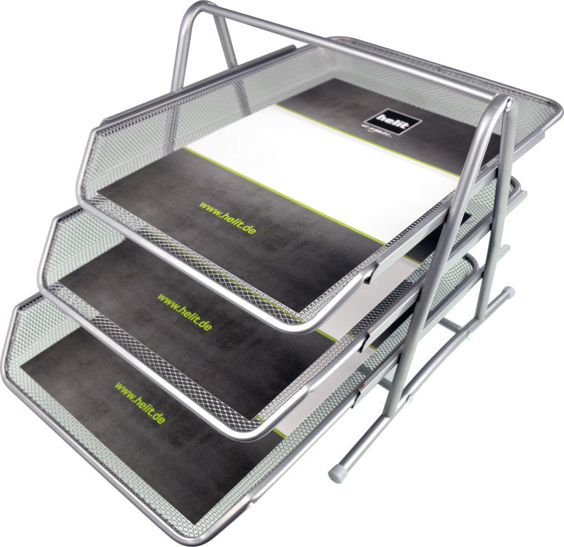 Helit Briefkorb – Metall, für A4, C4, 3 Fächer, glänzend, silber, B 295 × H 270 × T 350 mm