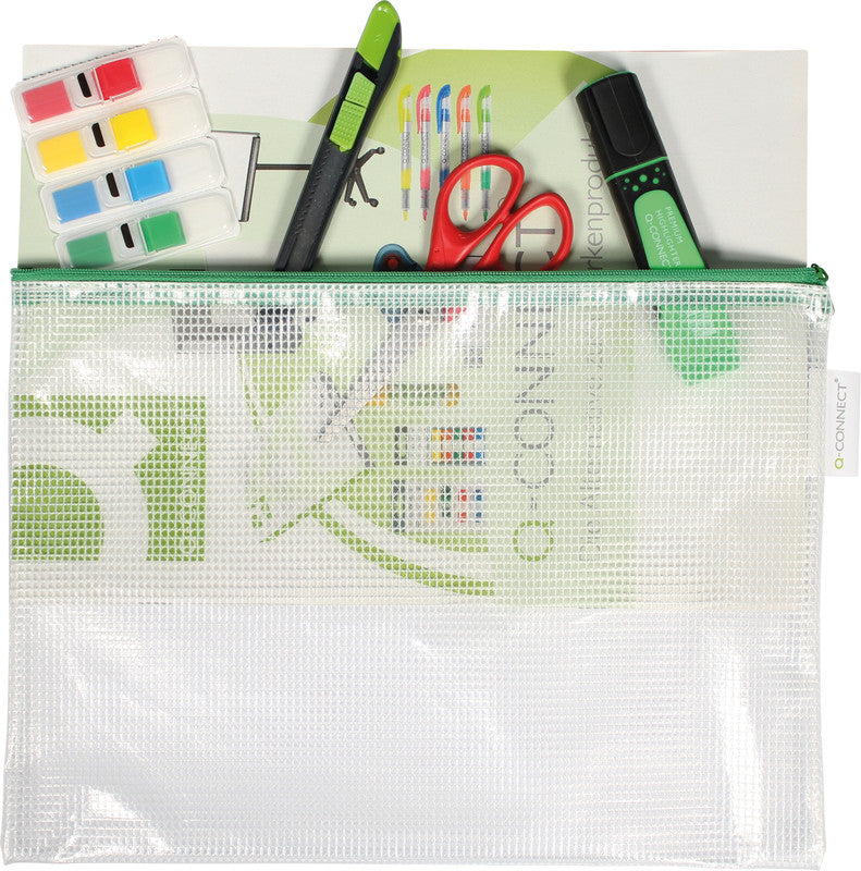 Q-connect Reissverschlusstasche – für A4-Dokumente – 337 × 255 mm, Kunststoff, Grün – 8 Stück
