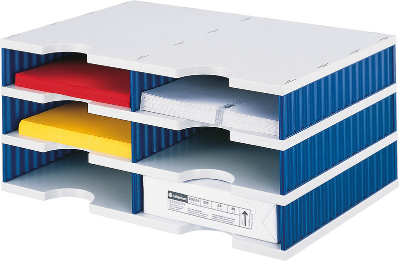 Styro Stapelbarer Briefkorb mit Griffausschnitt und Beschriftungsfeld, Blau/Grau, B 485 × H 223 × T 331 mm