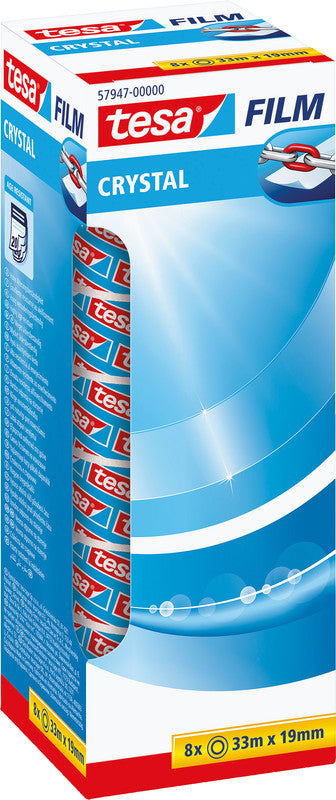 TESA Klebeband Crystal – permanent, Kunststoff, 19 mm × 33 m, Kern Ø 26 mm, 8 Rollen