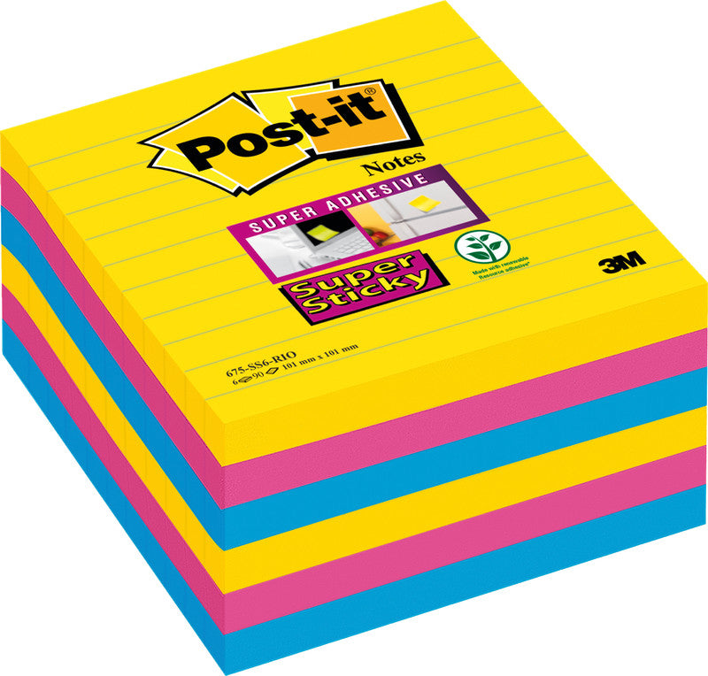 Post-it Haftnotizen – 101×101 mm – ultragelb, ultrablau, ultrapink, 6×90 Blatt, Super Sticky, PEFC