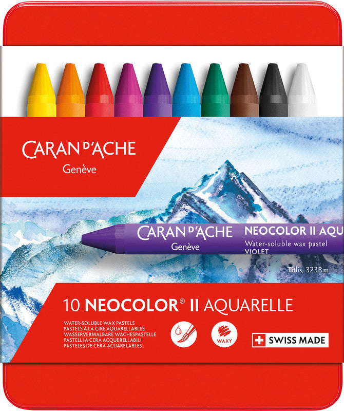 Caran d-Ache Caran d'Ache Neocolor II Aquarellfarbstifte-Set – 10 Farben, Mine Ø 8,6 mm, Metallschachtel