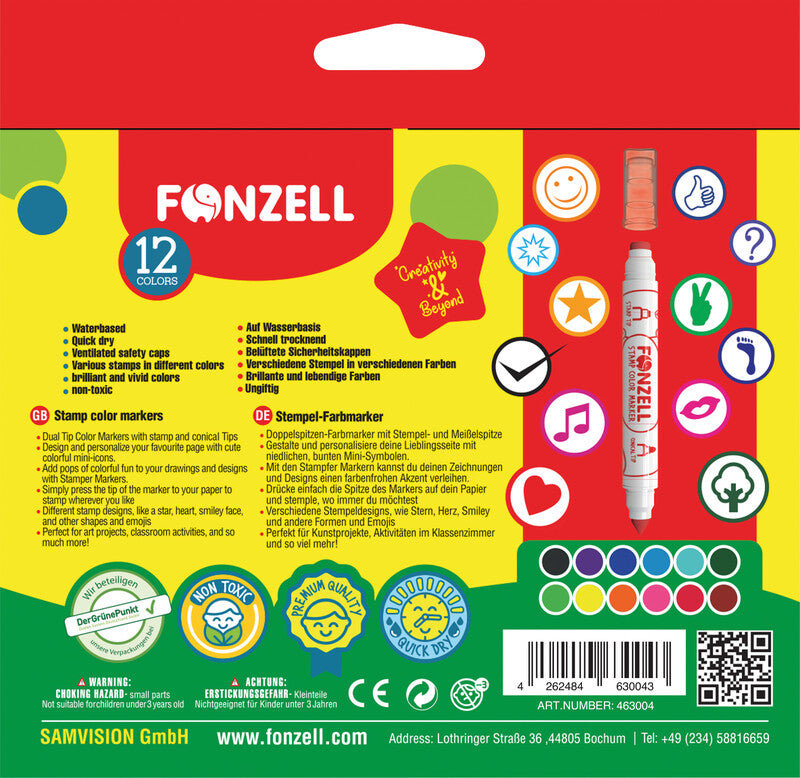 Fonzell Stempel-Filzstifte, Strichbreite 7,7–8,8 mm, 12 Farben, 12 Motive