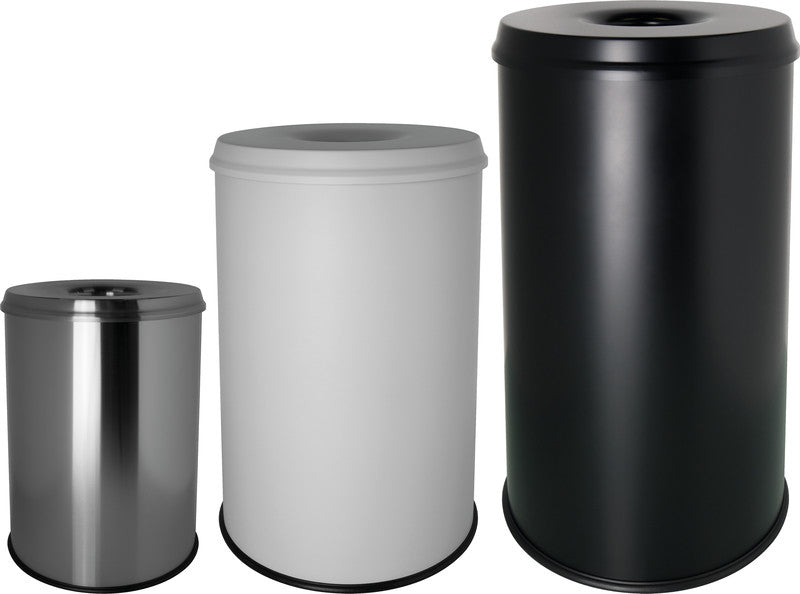 Helit Sicherheitspapierkorb – 15 l – Stahl, lichtgrau – Ø 260 × H 335 mm – Löschkopf, selbstlöschend, TÜV/GS