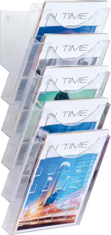 Helit Wandprospekthalter – für A4 hoch – 5 Fächer, Kunststoff, transparent, the grid wall, 240 × 574 × 150 mm
