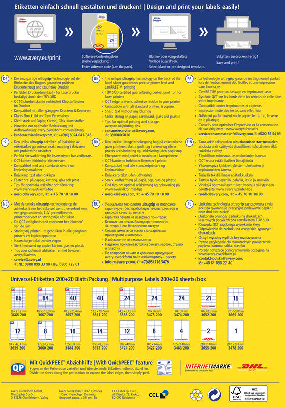 Avery Druckeretiketten, 70 mm × 37 mm, weiss, Papier, permanent, 5280 Etiketten (220 Blatt)