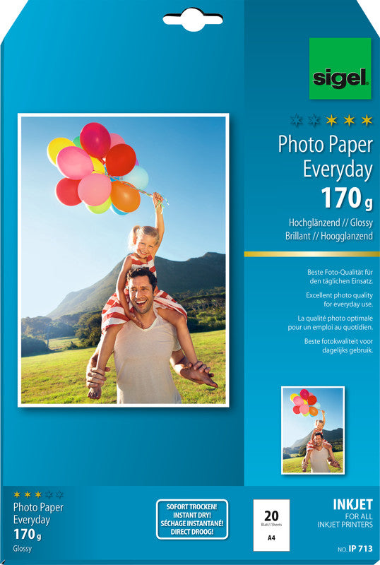 Sigel Everyday Fotopapier – hochglänzend, A4, 170 g/m², 20 Blatt – für Tintenstrahldrucker
