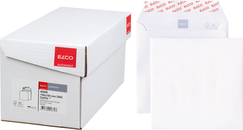 Elco Couvert 155 × 155 mm, ohne Fenster, selbstklebend, hochweiss, 120 g/m², mit Innendruck – 500 Stk.