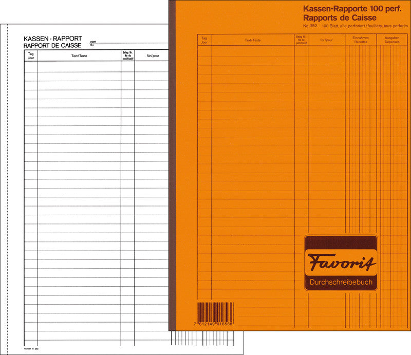 Favorit Formularblock – Kassa-Rapporte, mehrsprachig, 100 Blatt, A4, Kohlepapier