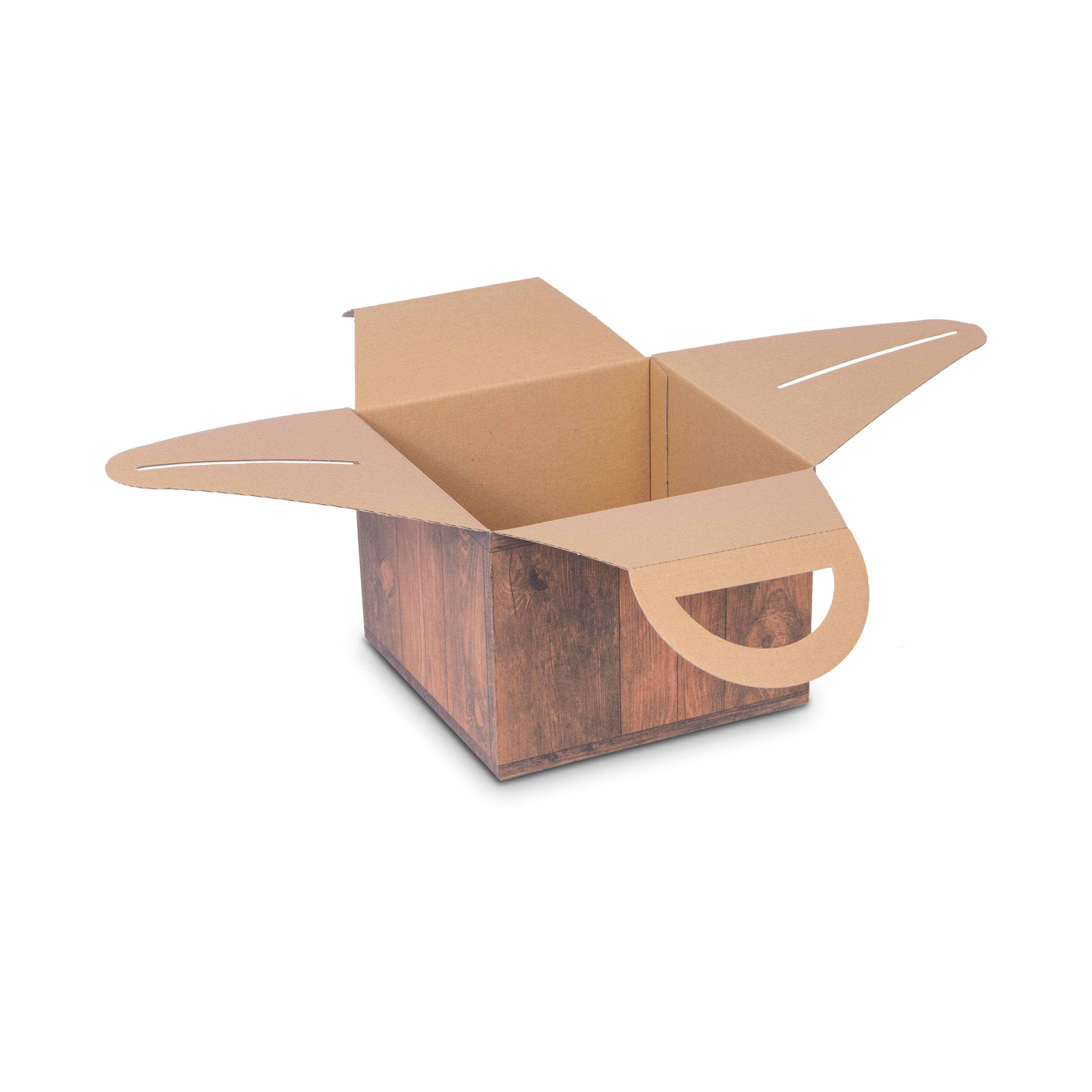 Model Geschenkverpackung mit Tragegriff und Holzoptik – Braun, 19,5 × 15,0 × 19,5 cm, 1 Stück