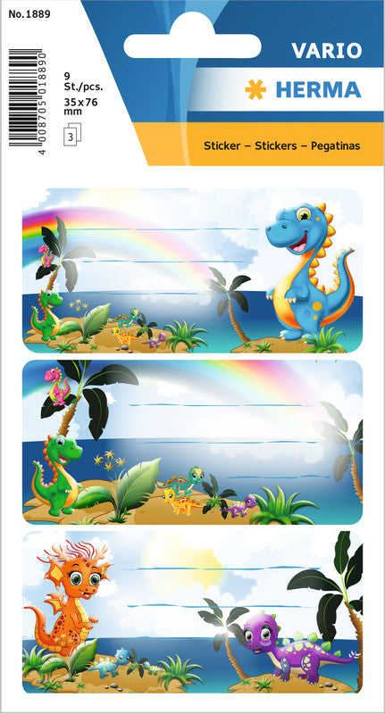 HERMA Vario Schuletiketten – Motiv Dinos – 35 × 76 mm, Abgerundete Ecken, 9 Stück, 3 Bögen, Papier