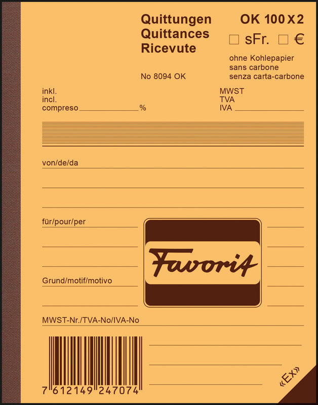 Favorit Formularblock – Quittungen, mehrsprachig, 100 Blatt, A6