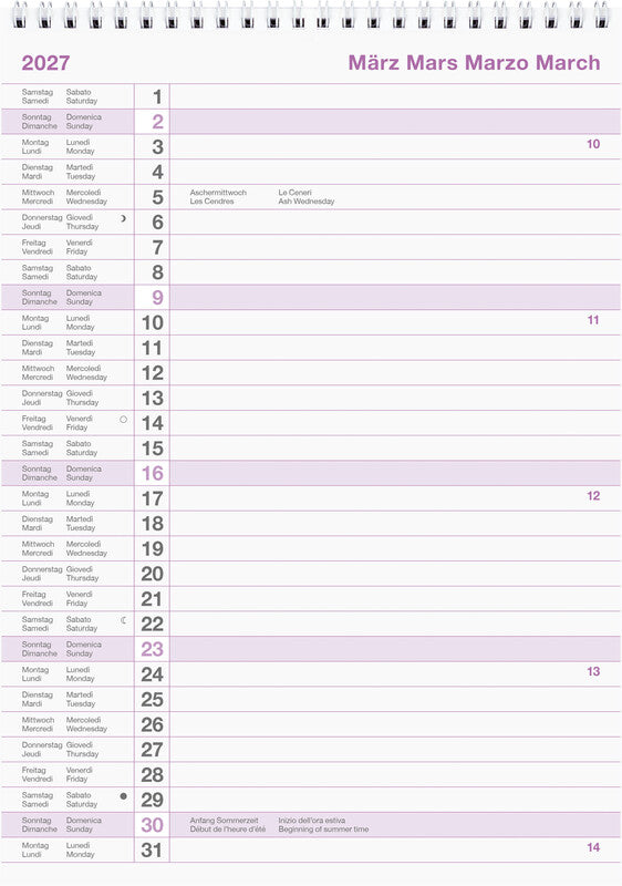 Biella Wandkalender – viersprachig d/f/i/gb – 2027 – Spiralbindung – 21 × 29,7 cm