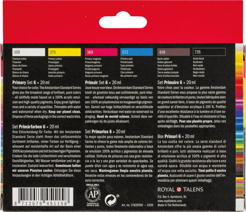 Royal Talens Amsterdam – Acryl Standard – Acrylfarbe – Set – 6 Farben, 6 × 20 ml