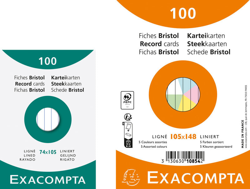 Exacompta Karteikarten A6 quer, liniert, weiss, 205 g/m², Karteikarton – 100 Stück