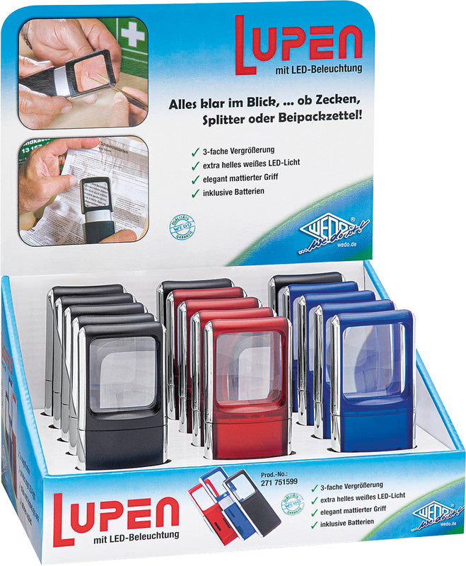 Wedo Leuchtlupe – 3× – Linse B 35 × H 38 mm – mit LED, farbig sortiert