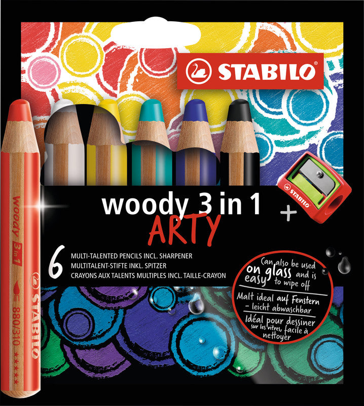 STABILO 3-in-1 Farbstifte Woody Arty – 6 Farben, mit Spitzer, Ø 4,2 mm, PEFC