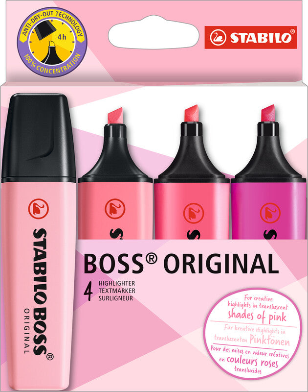 STABILO BOSS Original Textmarker Set 4 Farben – Keilspitze, 2–5 mm