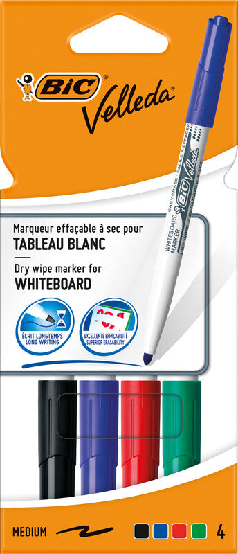 BIC Whiteboard-Marker 1741 – Rundspitze 1,4 mm – Sortiert – 4er-Set – Trocken abwischbar