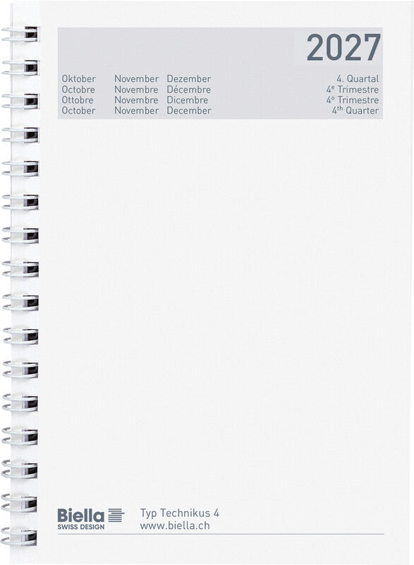 Biella Technikus 4 Agenda – 1 Tag/Seite, Spiralbindung, 10,1 × 14,2 cm, 2027, 1-h-Takt, Schwarz, FSC