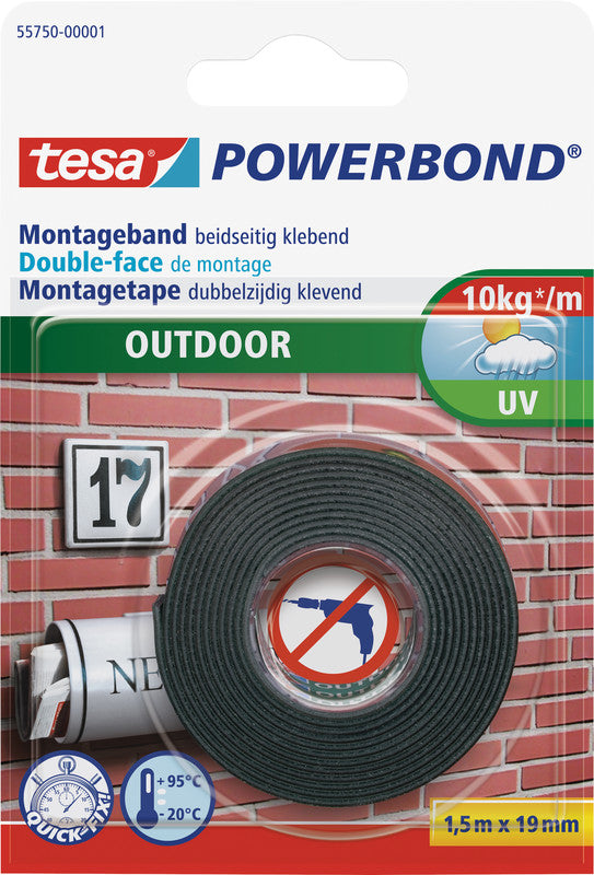 Tesa Powerbond Montageband, stark, für den Aussenbereich, für glatte Oberflächen – 19 mm × 1,5 m, weiss, bis 1 kg/10 cm