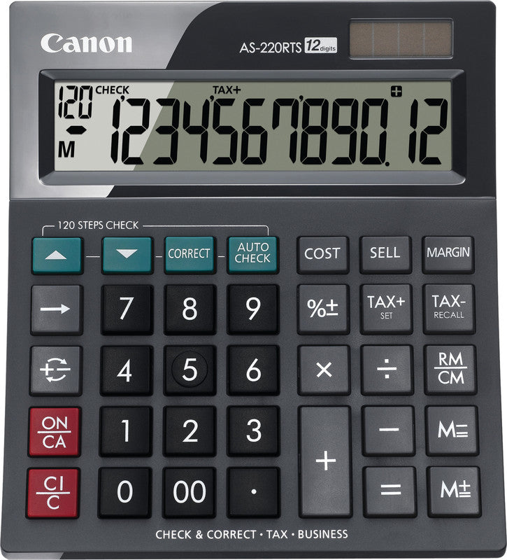 Canon Taschenrechner AS-220RTS – 12-stellig, angewinkeltes LCD, Prozent/Marge, Solar+Batterie, 134×150×36 mm