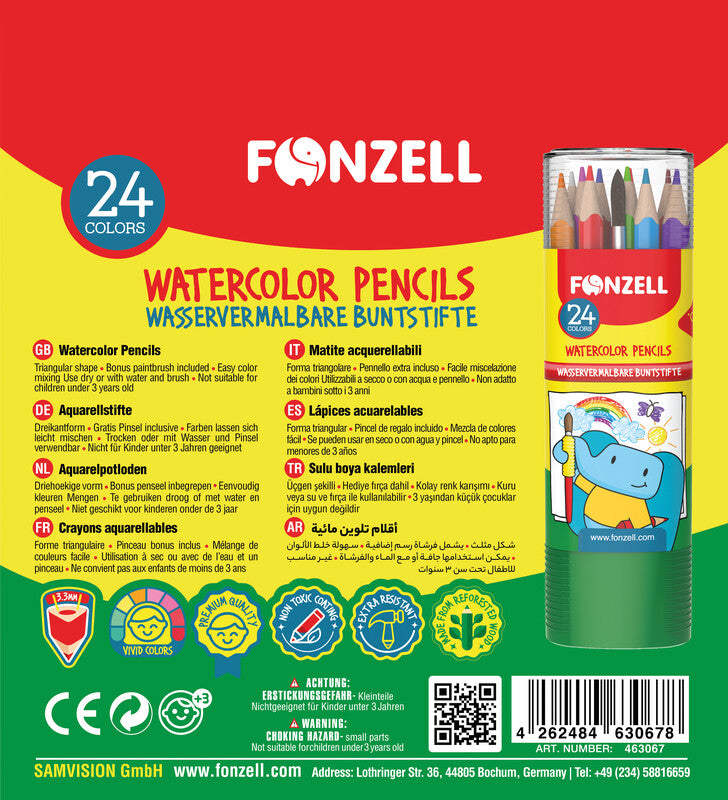 Fonzell Aquarellfarbstifte-Set – 24 Farben, Dreikant, Mine Ø 3,3 mm, Dreiecksetui, mit Pinsel